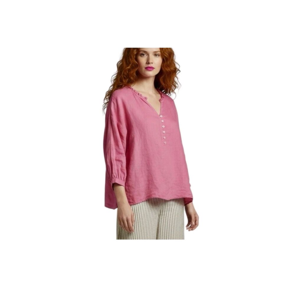 J.Jill Love Linen Ruffle Neck Button Front Popover Blouse Lagenlook Pink Size XS